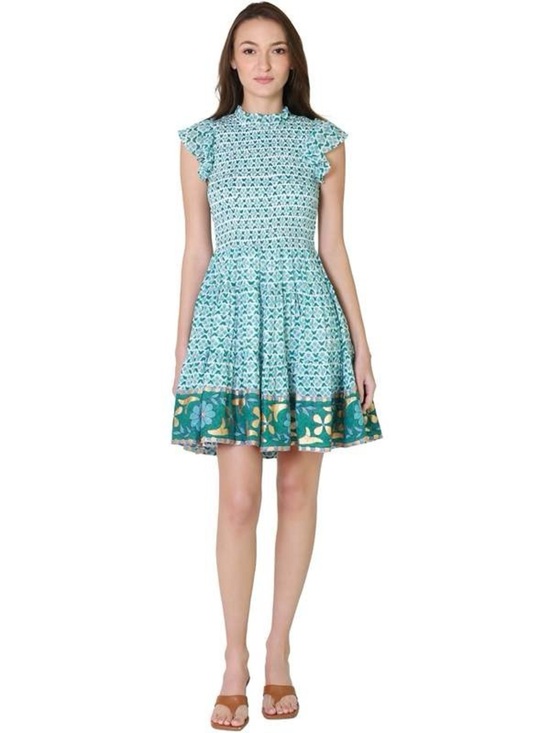 Oliphant Dresses & Skirts - Oliphant Smocked Floral Ruffle-Sleeve Mini Dress Teal Small